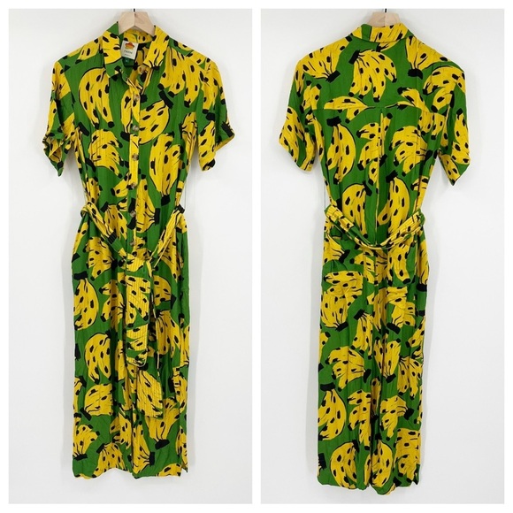 Farm Rio Bossa Banana Green Yellow Relaxed Belted Jumpsuit Size XS - Picture 1 of 9